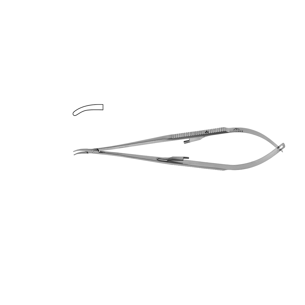 Needle Holder curved, lenght 140 mm tip 1,2 mm, jaw smooth, Flat Handle with lock