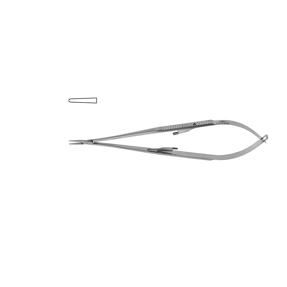 Jacobson Mikro Nadelhalter gerade, Spitze 1,0 mm, Maul TC Hartmetall glatt, Flachgriff mit Sperre, Länge 140 mm