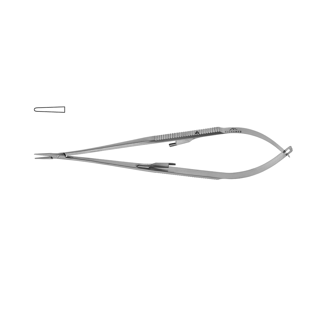 Jacobson Mikro Nadelhalter gerade, Spitze 1,0 mm, Maul TC Hartmetall glatt, Flachgriff mit Sperre, Länge 180 mm