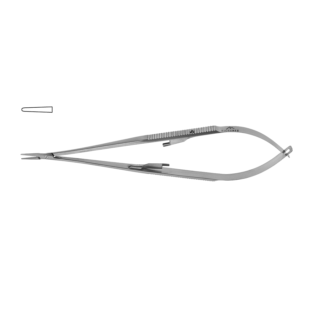 Jacobson Mikro Nadelhalter gerade, Spitze 1,0 mm, Maul TC Hartmetall glatt, Flachgriff mit Sperre, Länge 210 mm