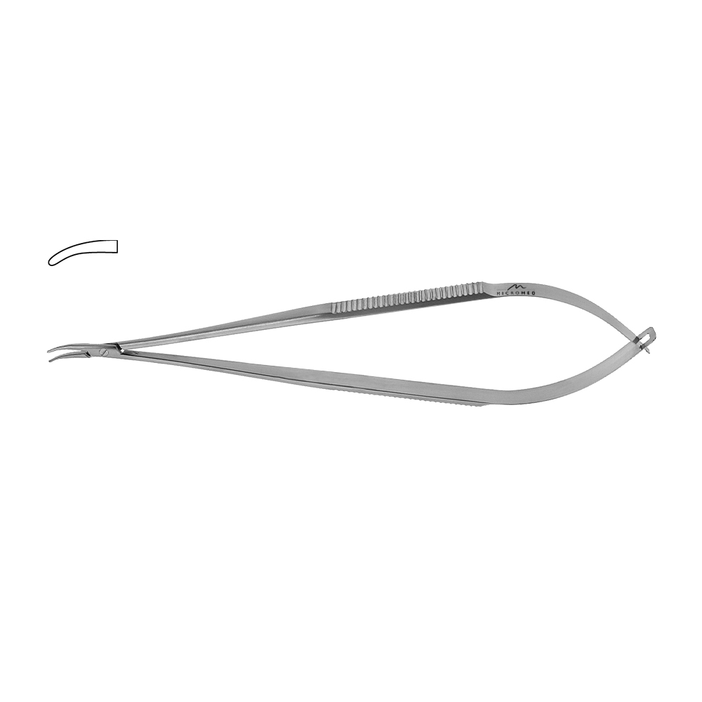 Needle Holder curved, lenght 210 mm tip 0,4 mm, jaw TC-inserts smooth, Flat Handle with lock,