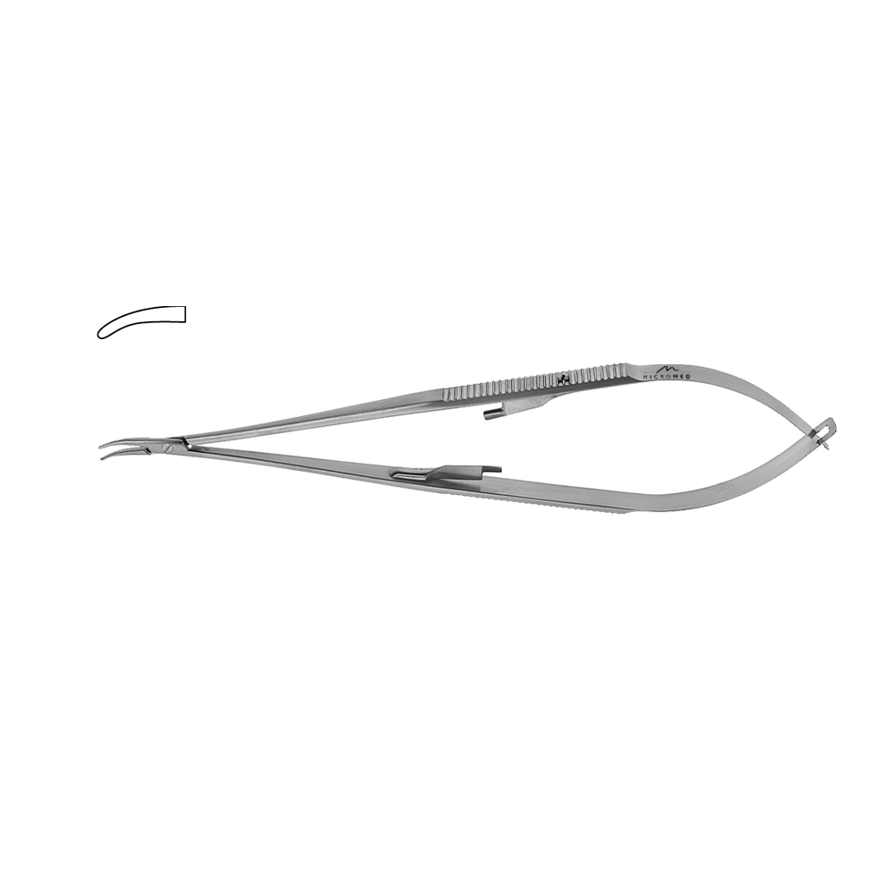 Jacobson Mikro Nadelhalter gebogen, Spitze 1,0 mm, Maul TC Hartmetall glatt, Flachgriff mit Sperre, Länge 180 mm