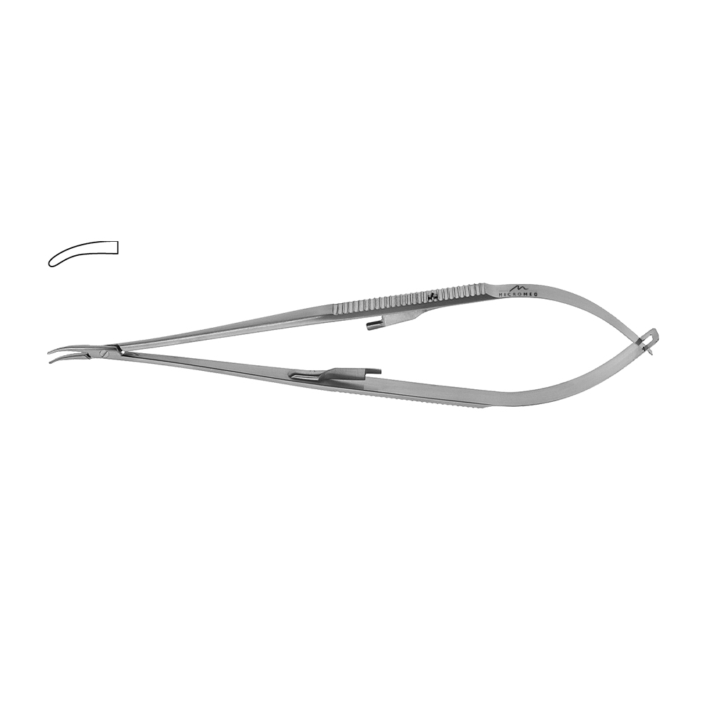 Jacobson Mikro Nadelhalter gebogen, Spitze 1,0 mm, Maul TC Hartmetall glatt, Flachgriff mit Sperre, Länge 210 mm