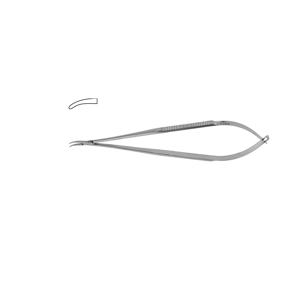 Needle Holder curved, lenght 140 mm tip 1,0 mm, jaw TC-inserts serrated, Flat Handle with lock,