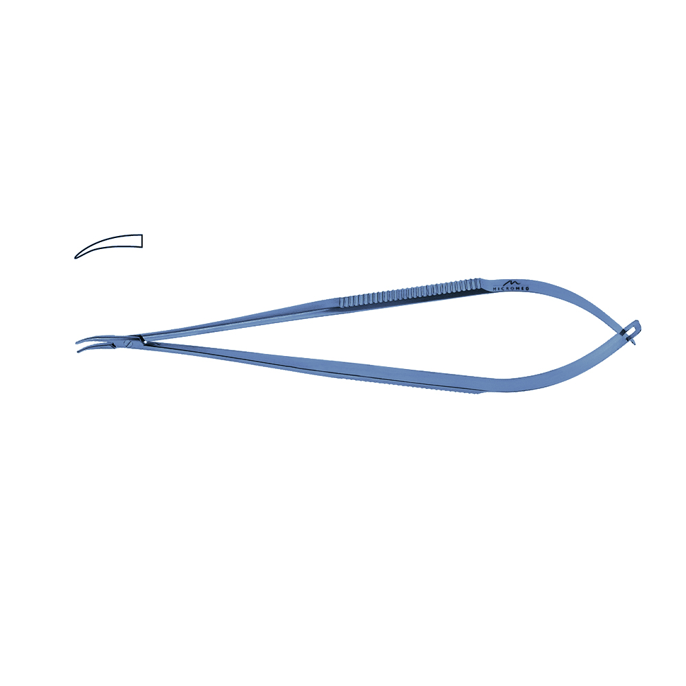 Titanium Micro Needle Holder, curved, tip 0,4 mm, jaw smooth, flat handle length 180 mm,