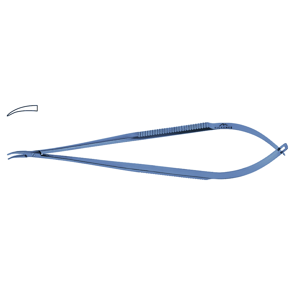 Titanium Micro Needle Holder, curved, tip 0,4 mm, jaw smooth, flat handle length 230 mm,