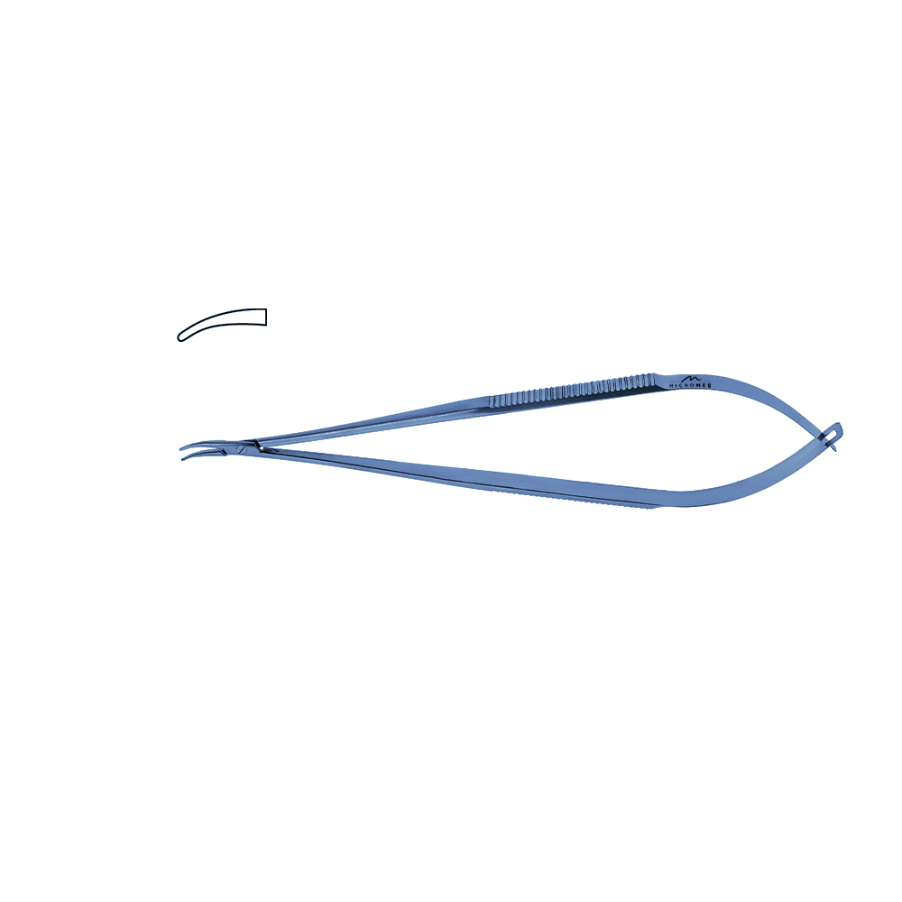 Titanium Micro Needle Holder, curved, tip 0,8 mm, jaw smooth, flat handle length 150 mm,