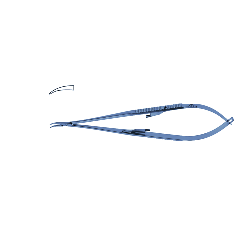 Titanium Micro Needle Holder, curved, tip 0,4 mm, jaw smooth, flat handle with lock, length 150 mm,