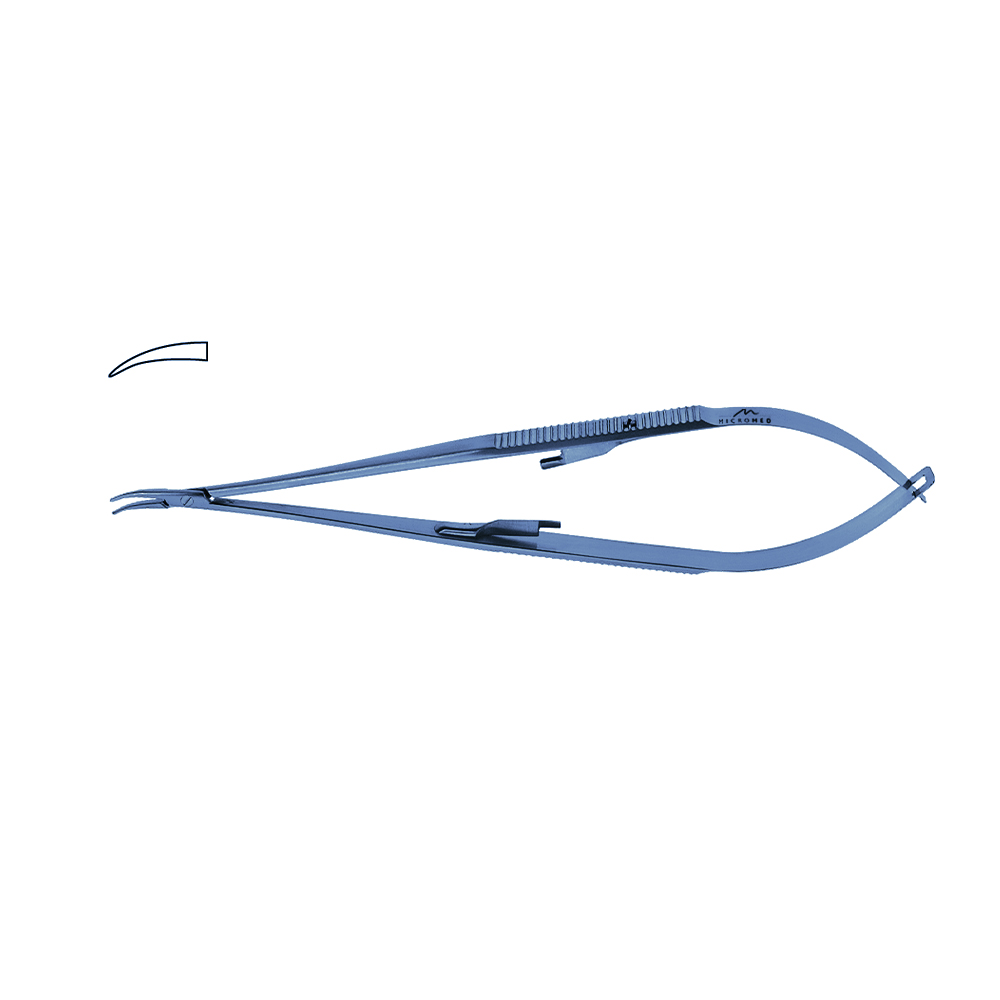 Titanium Micro Needle Holder, curved, tip 0,4 mm, jaw smooth, flat handle with lock, length 180 mm,