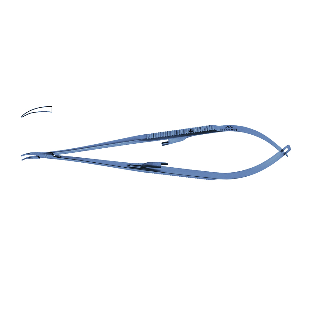 Titanium Micro Needle Holder, curved, tip 0,4 mm, jaw smooth, flat handle with lock, length 210 mm,