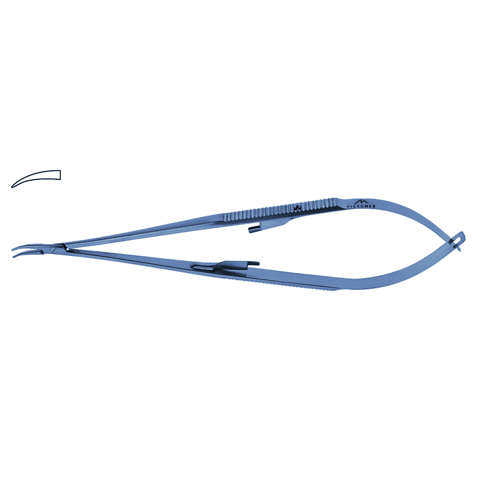 Titanium Micro Needle Holder, curved, tip 0,4 mm, jaw smooth, flat handle with lock, length 230 mm,