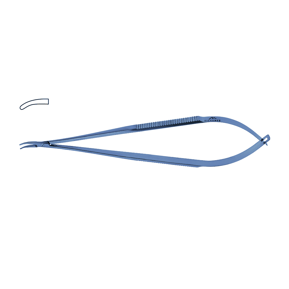 Titanium Micro Needle Holder, curved, tip 1,2 mm, jaw diamond coated, flat handle, length 210 mm,