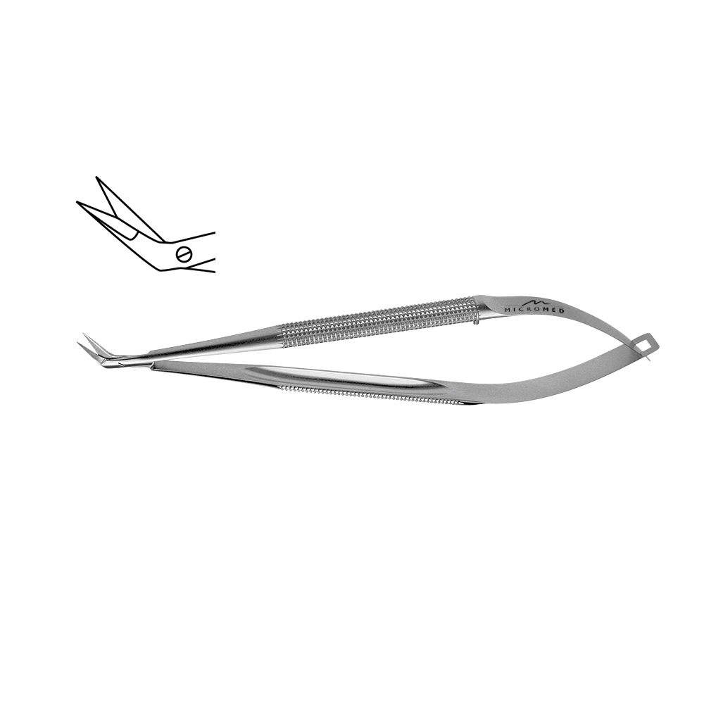 Scissors without ball, sharp pointed, angled 45°, blade 10 mm, 180 mm, spring round handle Ø 8 mm