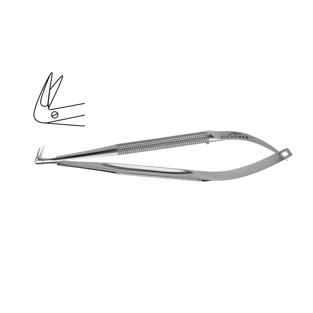 Scissors without ball, sharp pointed, angled 125°, blade 10 mm, spring round handle Ø 8 mm,