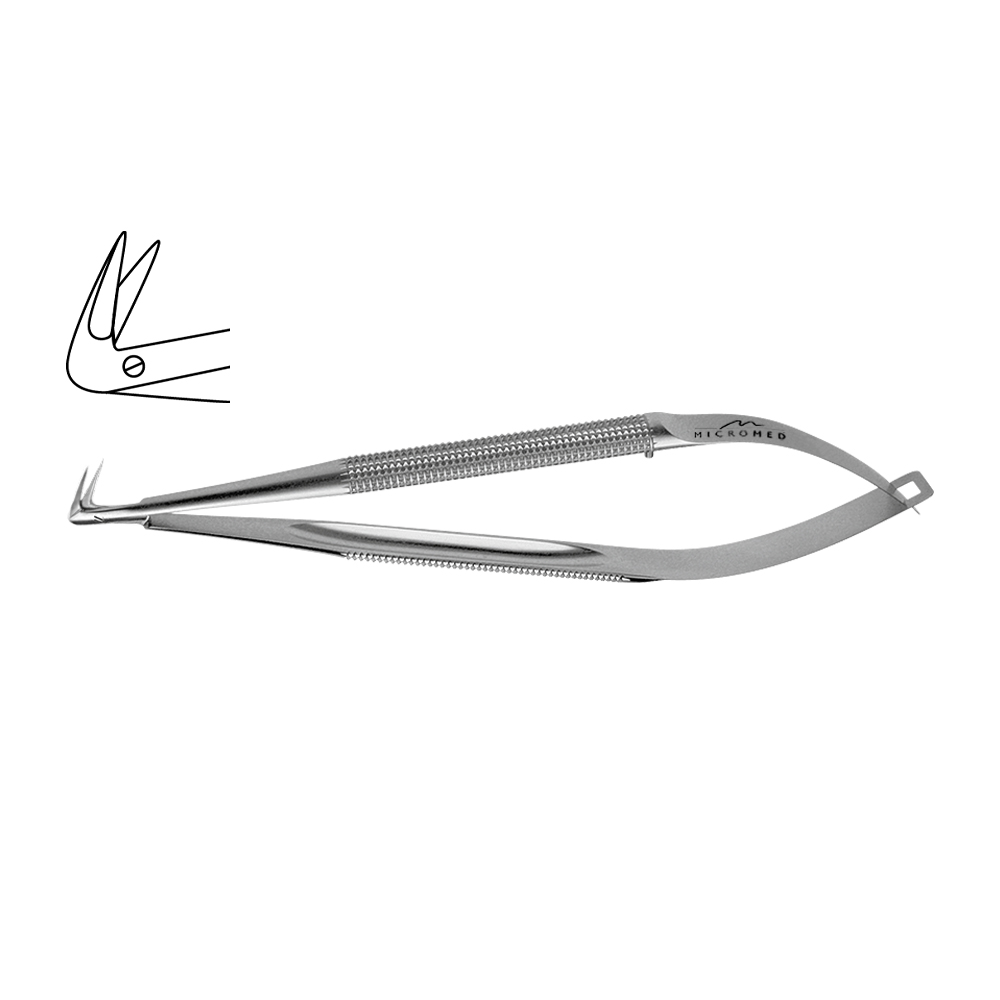 Scissors, angled 125°, pointed, without ball, blades 14 mm, handle 10 mm, length 210 mm